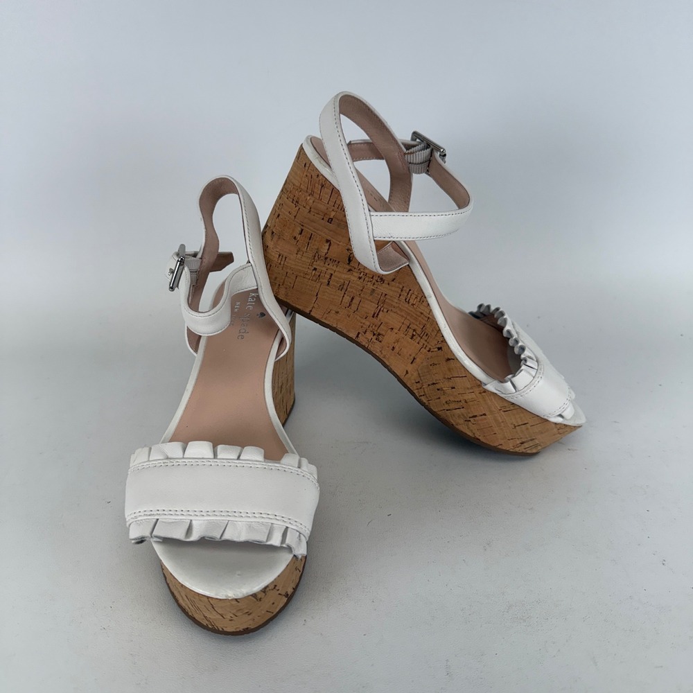 Kate Spade Tomas White Leather Ruffle Cork Platform Wedge Sandals 7.5M